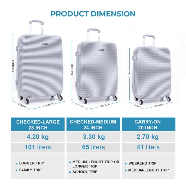 طقم حقائب سفر 3 حقائب مادة ABS بعجلات دوارة (20 ، 24 ، 28) بوصة فضي PARA JOHN - Abs Rolling Trolley Luggage Set, Silver - SW1hZ2U6NDM3MzAy