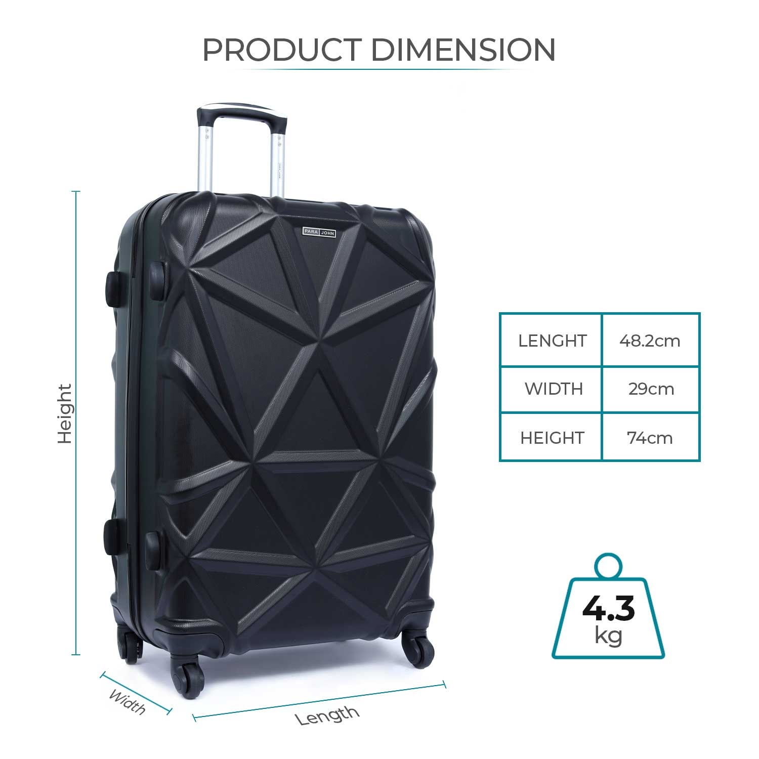 طقم حقائب سفر 3 حقائب مادة ABS بعجلات دوارة (20 ، 24 ، 28) بوصة أسود PARA JOHN - Matrix 3 Pcs Trolley Luggage Set, Black