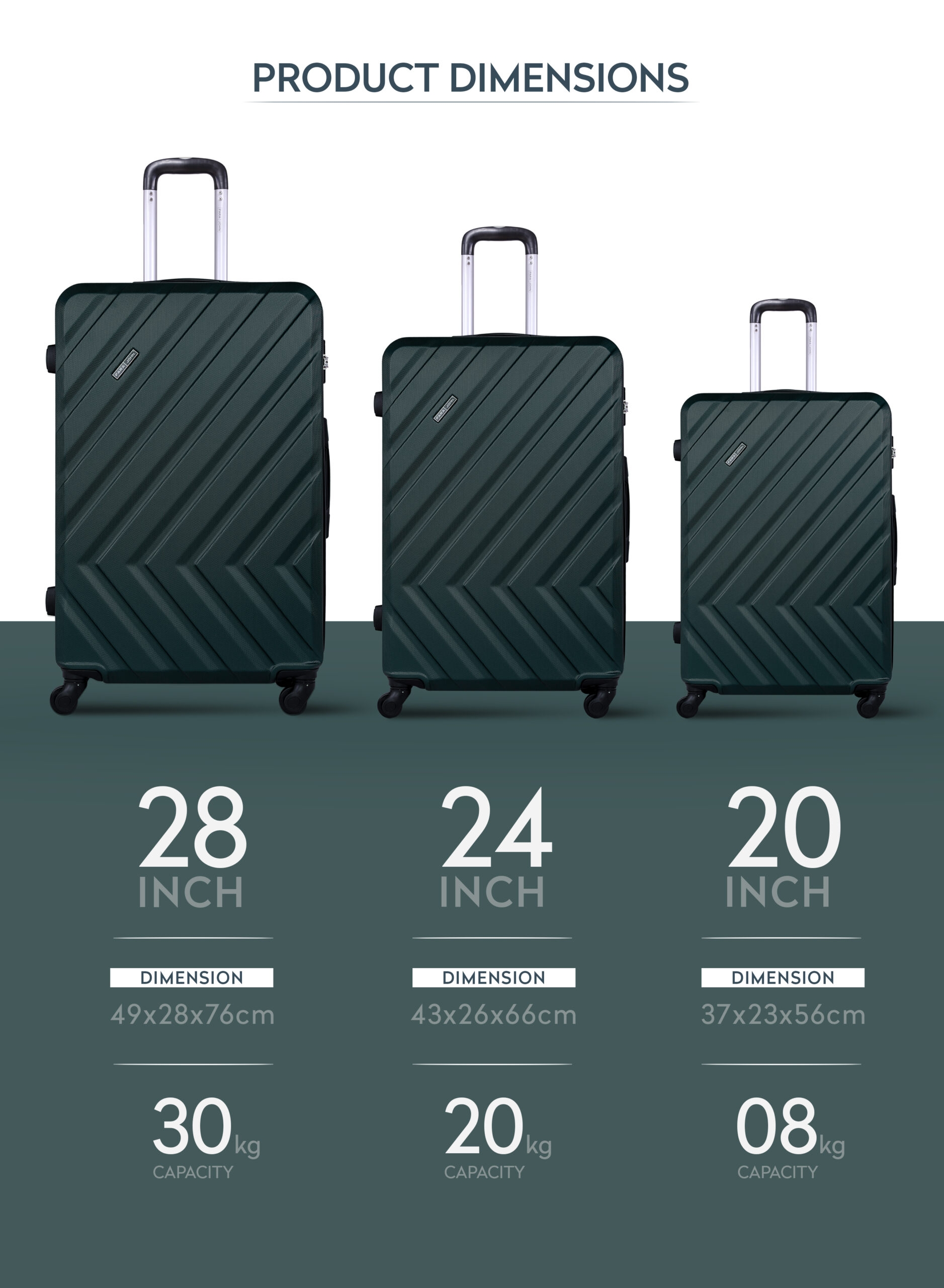 طقم حقائب سفر 3 حقائب مادة ABS بعجلات دوارة (20 ، 24 ، 28) بوصة أخضر غامق PARA JOHN - PJTR3175  3 PCS ABS TROLLEY SET ARMY GREEN