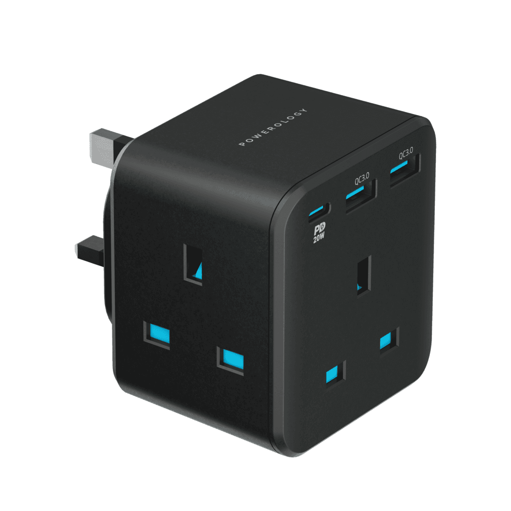 مقبس حائط متعدد المنافذ Powerology 3-Outlet Wall Socket 13A with 2 USB-A QC3.0 + PD 20W