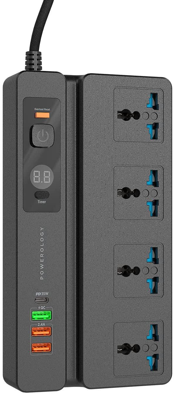 Powerology 4 AC 3 USB & USB-C PD 35W Multiport Socket with Phone Stand and Timer 2M - Black - SW1hZ2U6NTIzMDg5