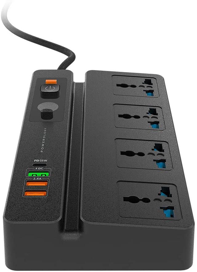 Powerology 4 AC 3 USB & USB-C PD 35W Multiport Socket with Phone Stand and Timer 2M - Black - SW1hZ2U6NTIzMDk1