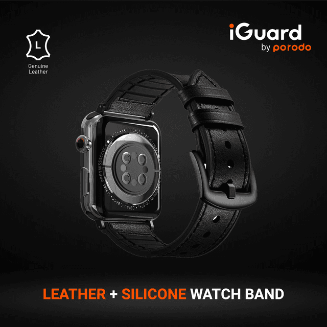 iGuard by Porodo Leather + Silicone Watch Band for Apple Watch 44mm / 45mm - Black - SW1hZ2U6NTI0ODIx