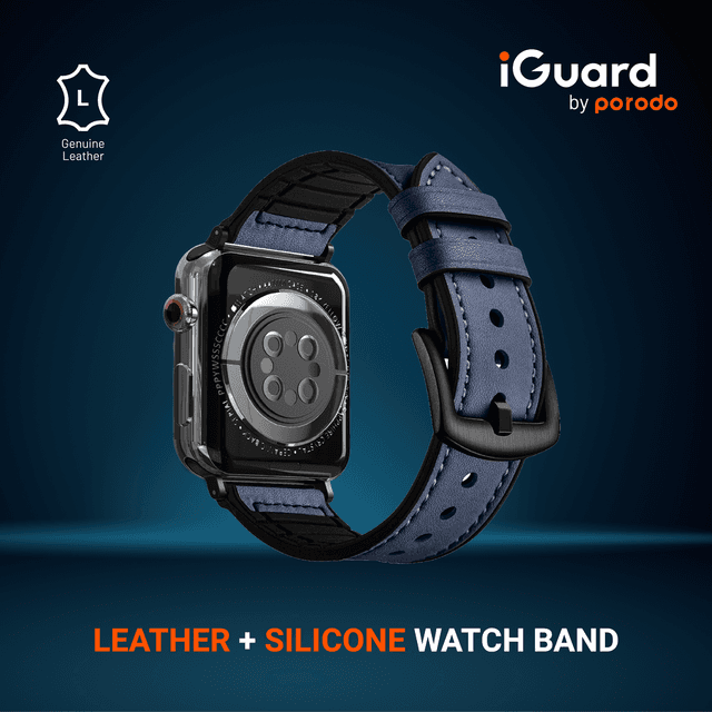 iGuard by Porodo Leather + Silicone Watch Band for Apple Watch 44mm / 45mm - Blue - SW1hZ2U6NTI0ODM0