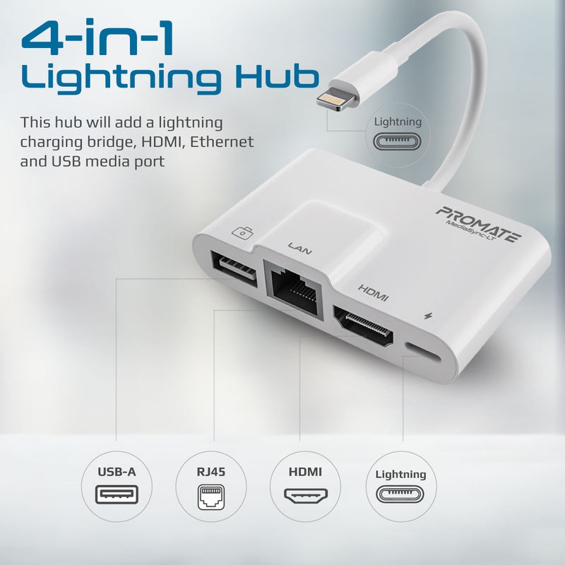 موزع Lightning إلى مدخل HDMI و RJ45 إيثرنت و USB و Lightning بروميت promate 4-in-1 Multimedia Hub with Lightning Connector - 2}