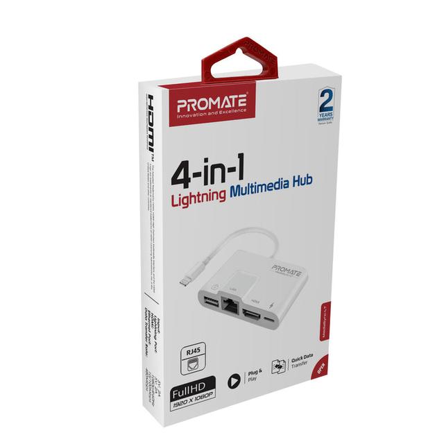 موزع Lightning إلى مدخل HDMI و RJ45 إيثرنت و USB و Lightning بروميت promate 4-in-1 Multimedia Hub with Lightning Connector - SW1hZ2U6NTM1MDg1