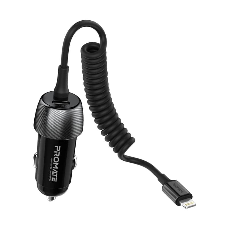 promate 33W Quick Charging Car Charger with Lightning Connector Cable