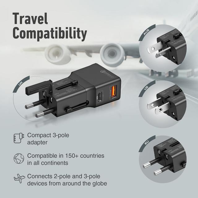شاحن موبايل عالمي بمدخلين - يدعم الشحن السريع 60 واط  PROMATE Sleek Universal Travel Adapter - SW1hZ2U6NTM2Nzk5