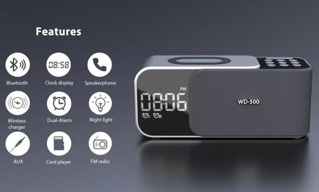 ساعة ذكية مع شحن لاسلكي وسبيكر sound wireless music alarm clock Night light portable wireless charging speaker WD500 - SW1hZ2U6NTM5NTE2
