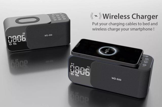 ساعة ذكية مع شحن لاسلكي وسبيكر sound wireless music alarm clock Night light portable wireless charging speaker WD500 - SW1hZ2U6NTM5NTEy