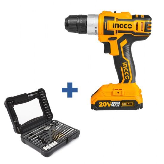 INGCO 20V 2.0Ah Cordless 2 Speed Gear Drill Driver with 10mm Chuck, Fast Charger and 1 20V Battery,Yellow,CDLI20024 - SW1hZ2U6NTU3OTQ4