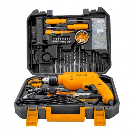 INGCO 115 Piece Home Tool Set With 680 Watt 13mm Impact Corded Electric Drill,Screwdrivers,Hammer,Wrench,and Plier,Yellow,HKTHP11151 - SW1hZ2U6NTU0ODky