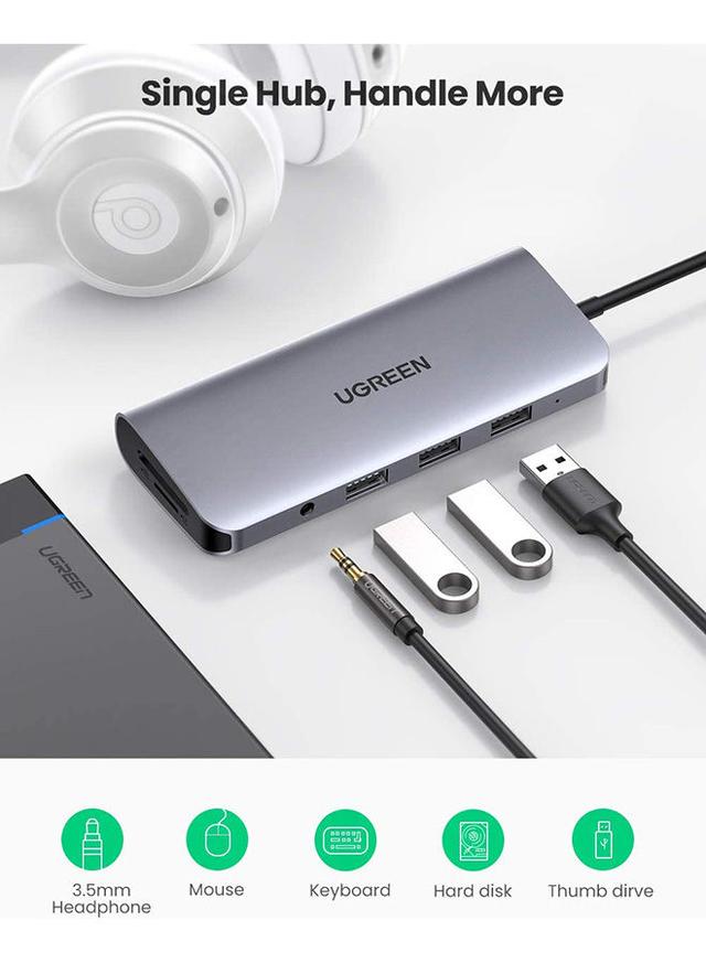 UGREEN USB C Hub 10 in 1 with Ethernet 4K to HDMI VGA PD Power Delivery 3 USB 3.0 Ports USB C to 3.5mm SD TF Cards Reader for MacBook Pro Air iPad Pro 2021 Grey - SW1hZ2U6NTM5OTg5