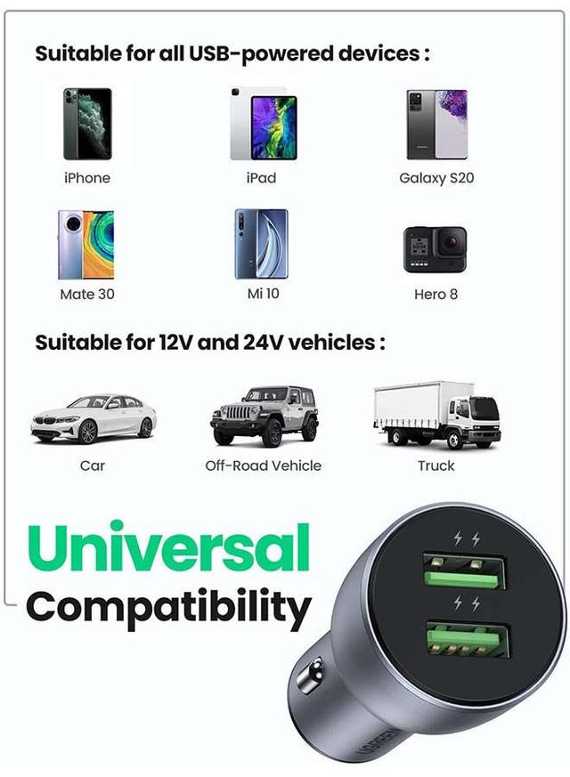 شاحن سيارة (36W) متوافق مع (New iPad 9/ mini 6 iPhone 13 Pro/13 Pro Max/13/13 mini/12 Pro Max/SE Galaxy) Car Charger Fast  Dual USB QC 3.0 - SW1hZ2U6NTQxMDEx