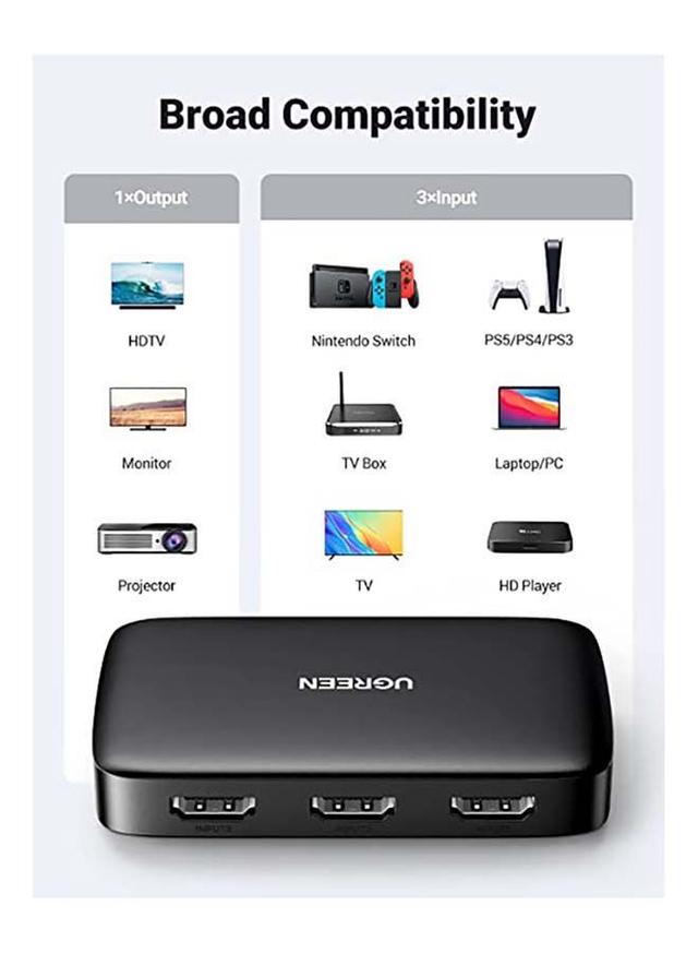 UGREEN 3 In 1 Out HDMI Switch Adapter, Easy Switch HDMI Splitter Support 4K, HDR, 3D, HDCP for TV Box, PS4, XBOX, Laptop, PC HDTV Projector, Display Monitor etc black - SW1hZ2U6NTQwNjAz
