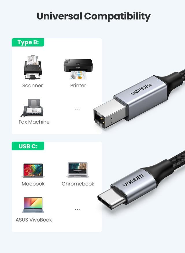 سلك طابعه من الجوال أسود يوجرين Ugreen Black Type C Male to USB B Male Printer Cable - SW1hZ2U6NTQ2MTU1