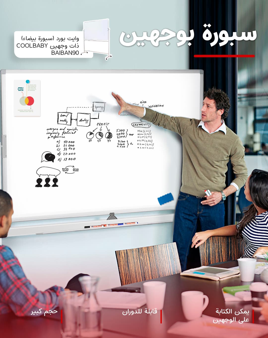 وايت بورد (سبورة بيضاء) ذات وجهين COOLBABY BAIBAN90 Mobile Dry Erase White Board Metal castors