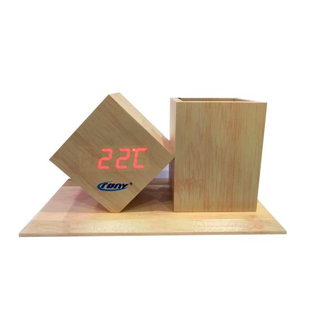 CRONY CN2025 Wooden pen holder digital LED Clock with Alarm and Temperature - SW1hZ2U6NjAyOTE3