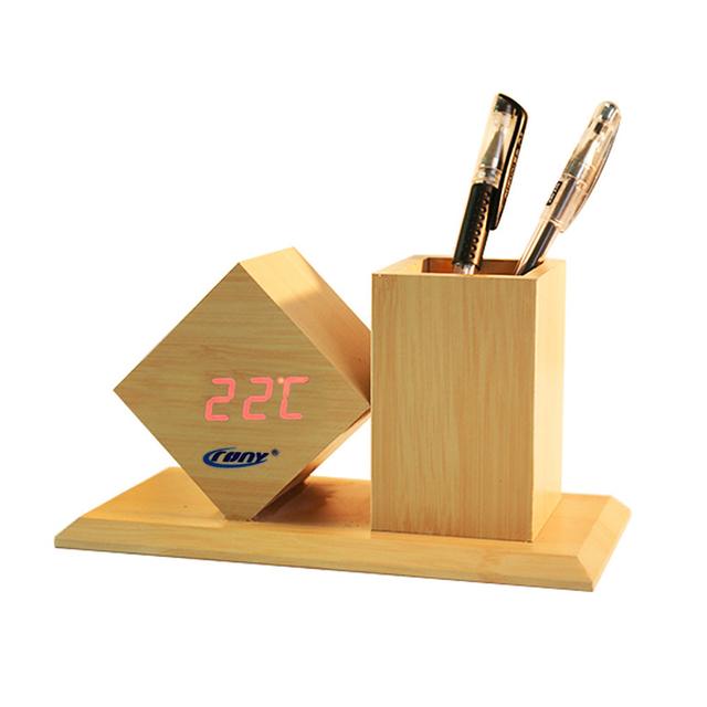 ساعة رقمية مع حامل أقلام خشبي - أسود CRONY digital Alarm Clock with Wooden pen holder - SW1hZ2U6NjAyOTI1