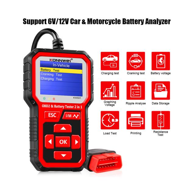 جهاز فحص السيارة لتشخيص مشاكل السيارة من كروني Crony KW681 Car & Motorcycle Battery Tester OBDII Diagnostic Scann - SW1hZ2U6NjA5ODQ2