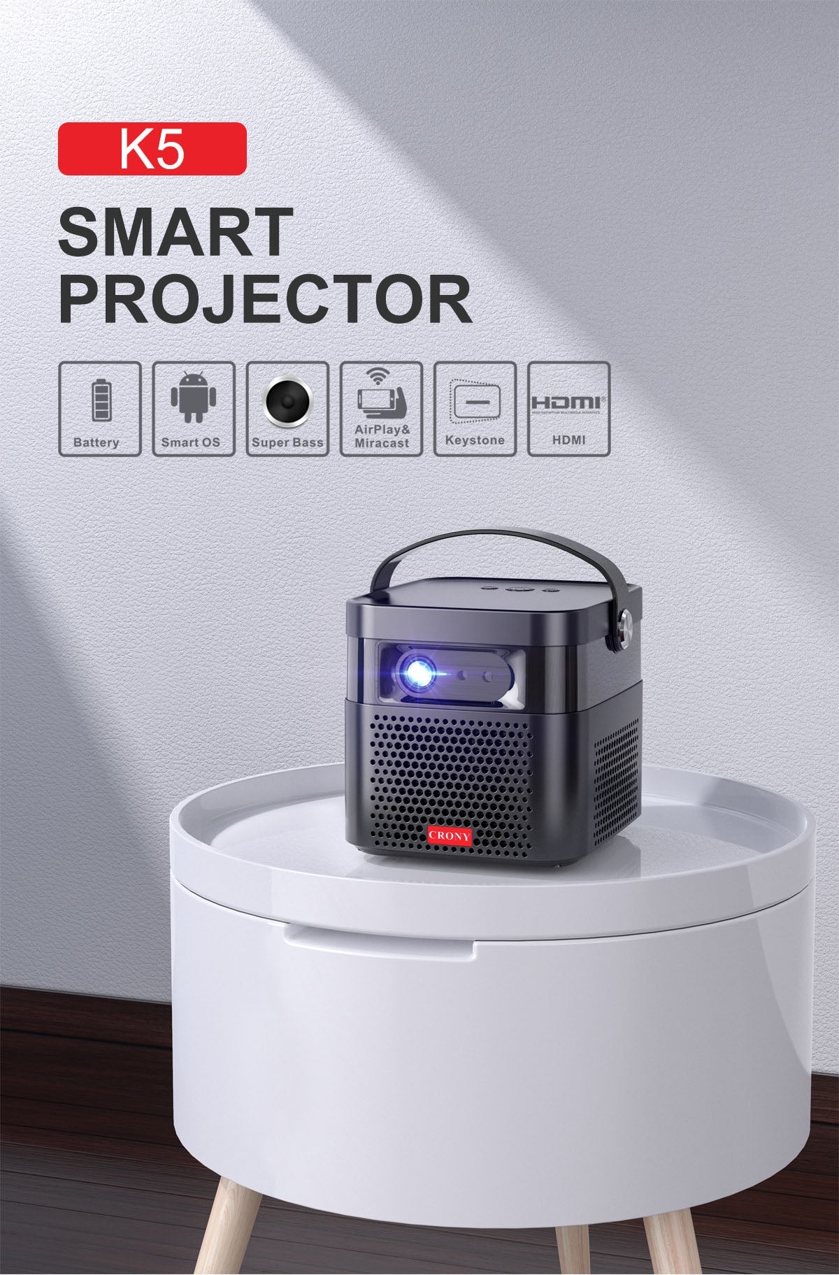 بروجكتر محمول للمعلمين بنظام أندرويد (مستعمل) CRONY K5 Projector 800 ANSI (Used) - 2}