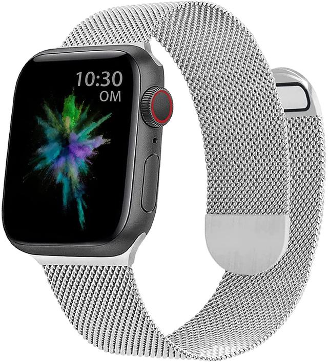 O Ozone Milanese Straps Compatible with Apple Watch Band 42mm 44mm 45mm, Magnetic Stainless Steel Metal Alloy Smartwatch Replacement Wristband for Apple Watch Series 7/6/5/4/3/2/1/SE Women Men(Silver) - SW1hZ2U6NjMwNTk4