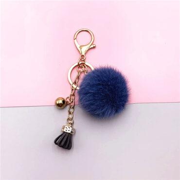 علاقة مفاتيح مع كرة فرو و سلسلة أزرق O Ozone – Pompoms Keychain Small Faux Fur Ball with Gold Plated Keyring (Blue)