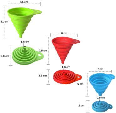 مجموعة قمع سيليكون قابلة للطي عدد 3 ملونة Silicone Collapsible Funnel Set Of 3 | Flexible Foldable |Large, Medium and Small|– Green, Red, Blue - O Ozone