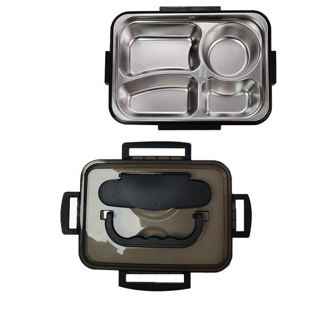 صندوق تخزين طعام ستانلس ستيل و بلاستيك مع حامل موبايل أسود Stainless Steel Lunch Box [ 4 Compartments ] with Flippable Space for your Mobile Phone - Black - O Ozone - SW1hZ2U6NjMzMDYz