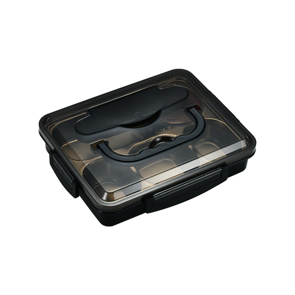صندوق تخزين طعام ستانلس ستيل و بلاستيك مع حامل موبايل أسود Stainless Steel Lunch Box [ 4 Compartments ] with Flippable Space for your Mobile Phone - Black - O Ozone