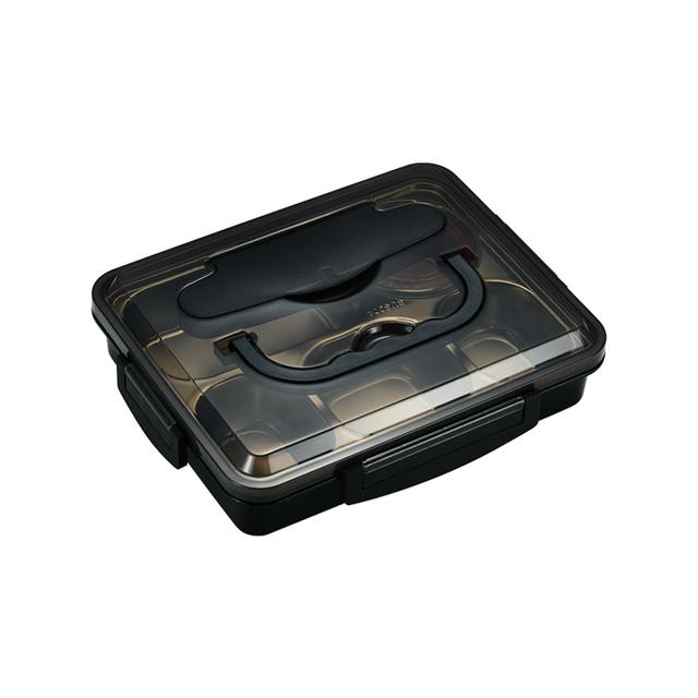 صندوق تخزين طعام ستانلس ستيل و بلاستيك مع حامل موبايل أسود Stainless Steel Lunch Box [ 4 Compartments ] with Flippable Space for your Mobile Phone - Black - O Ozone - SW1hZ2U6NjMzMDYx
