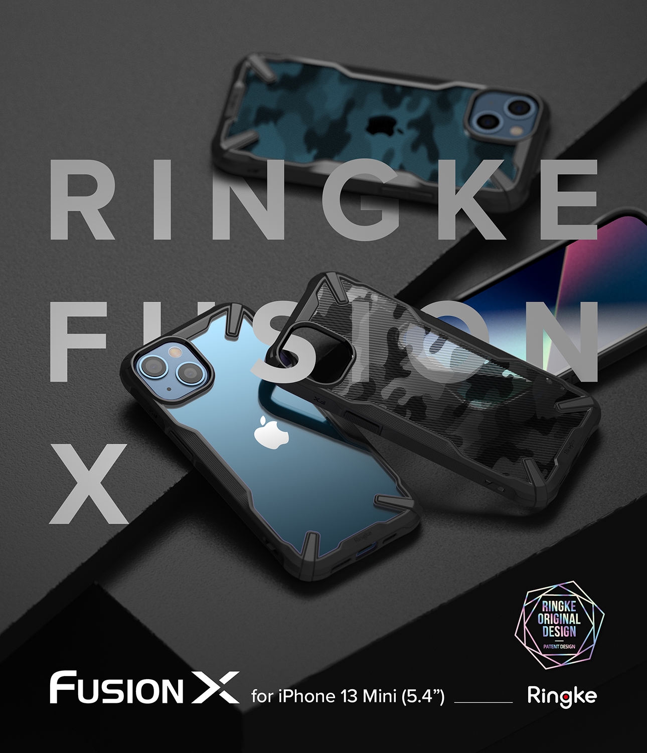 كفر موبايل مضاد للصدمات - iPhone 13 Mini - أسود مموه  Case Hard Fusion-X Ergonomic Transparent Shock Absorption - Ringke