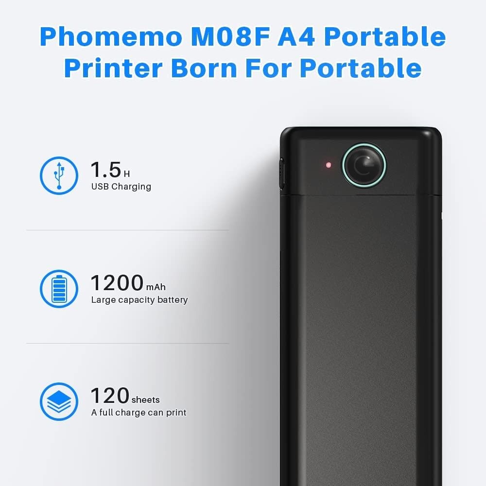 طابعة حرارية محمولة بالبلوتوث مع تطبيق ذكي Phomemo M08F Thermal Printer A4 Inkless