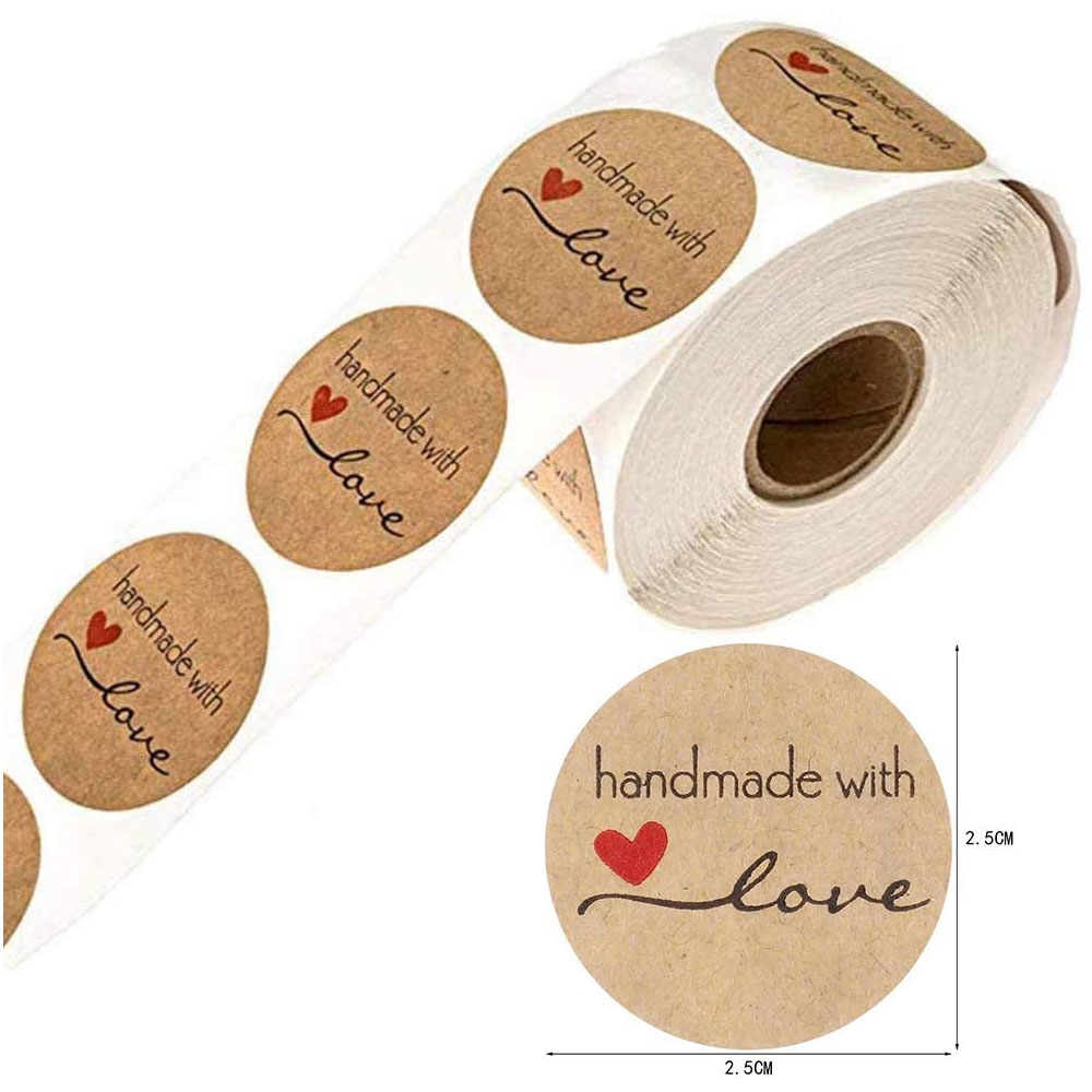 مجموعة ملصقات (ستيكرات) هاند ميد بني 1000 قطعة Brown Kraft Paper Labels Stickers Handmade With Love [1inch Sticker][1000 Pcs Labels] - Wownect