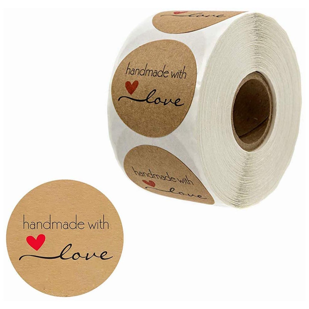 مجموعة ملصقات (ستيكرات) هاند ميد بني 1000 قطعة Brown Kraft Paper Labels Stickers Handmade With Love [1inch Sticker][1000 Pcs Labels] - Wownect