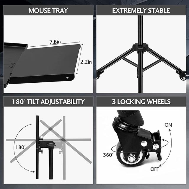 Wownect Universal Workstation Projector Tripod Stand with Wheels, Phone Holder [Adjustable Height upto 61” Tiltable 180 Degrees] Rolling Laptop Desk Tripod For Stage, Studio, DJ Equipment - SW1hZ2U6NjM5MzA0