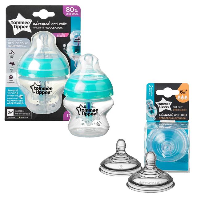 Tommee Tippee Advanced Anti - Colic Teat, Fast Flow x 2 + Advanced Anti - Colic Feeding Bottle, 150ml - Blue - SW1hZ2U6NjY0NzEw