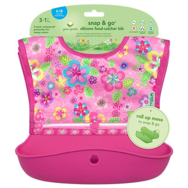 مريلة اطفال سيليكون مقاومة للماء 4 قطع Green Sprouts - Snap & Go Silicone Bib 4Pcs-Set Pink Flower - SW1hZ2U6NjYyMjY2