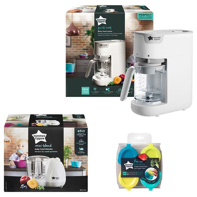 Tommee Tippee Quick Cook Baby Food Steamer Blender + Baby Food Blender + Pop Ups Freezer Pots & Tray x 4 - SW1hZ2U6NjY1NTIy