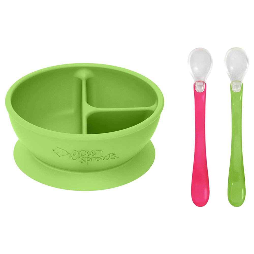 وعاء طعام مقسم سيليكون مع ملعقتين للأطفال لون أخضر Green Sprouts - Learning Bowl & Feeding Spoons