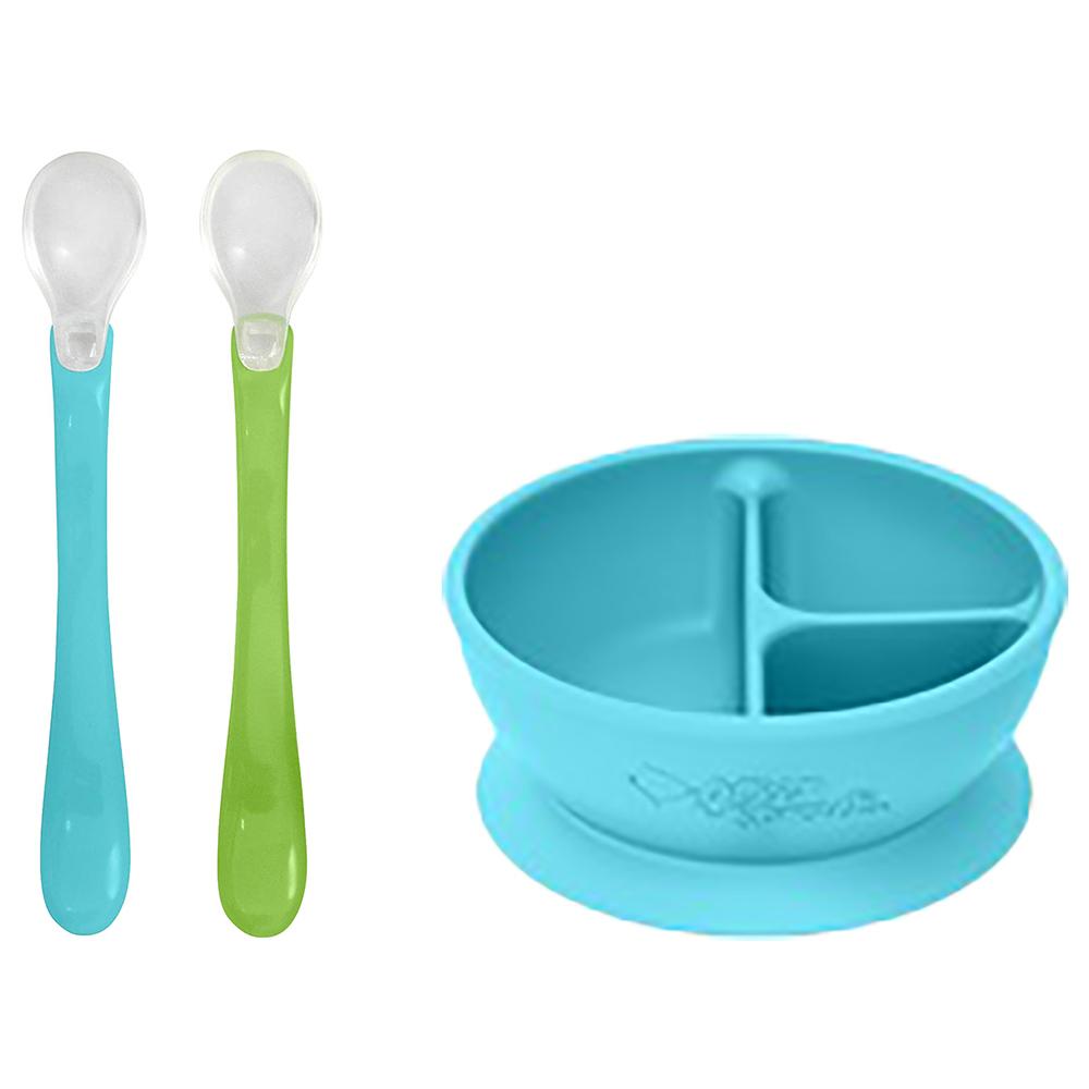 وعاء طعام مقسم سيليكون مع ملعقتين للأطفال Green Sprouts - Learning Bowl & Feeding Spoons