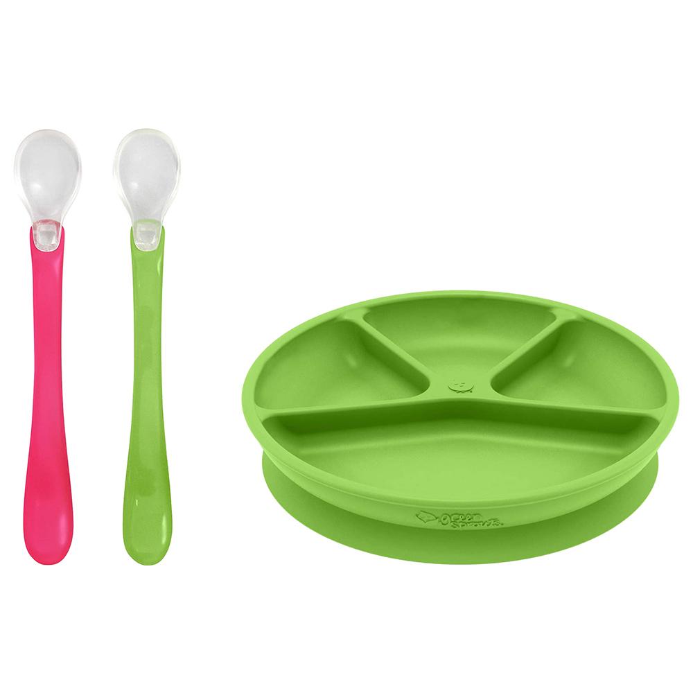 صحن مقسم مع ملعقتين للأطفال Green Sprouts - Learning Plate & Feeding Spoons
