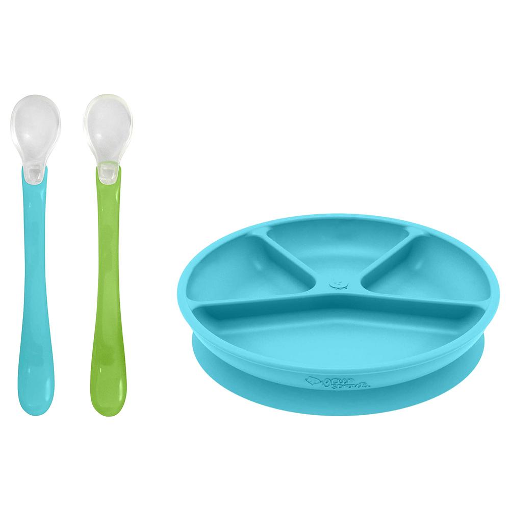 صحن مقسم مع ملعقتين للأطفال لون Green Sprouts - Learning Plate & Feeding Spoons
