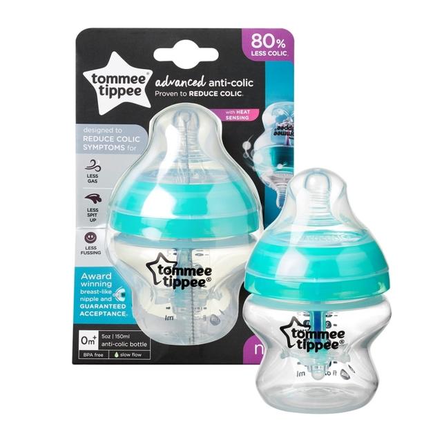 Tommee Tippee Advanced Anti - Colic Teat, Fast Flow x 2 + Advanced Anti - Colic Feeding Bottle, 150ml - Blue - SW1hZ2U6NjY0NzE0