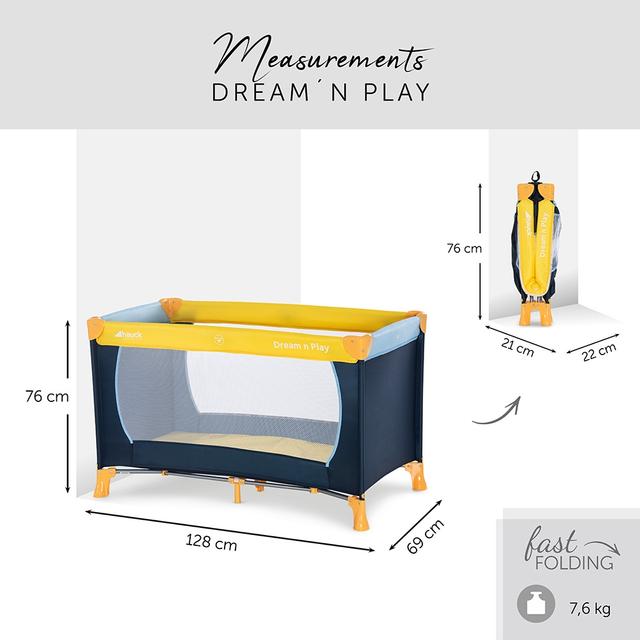 سرير اطفال سفري بنوافذ شبكية كحلي و أصفر من هوك Hauck Dream'N Play Travel Cot Yellow/Blue/Navy - SW1hZ2U6Njk3ODk5