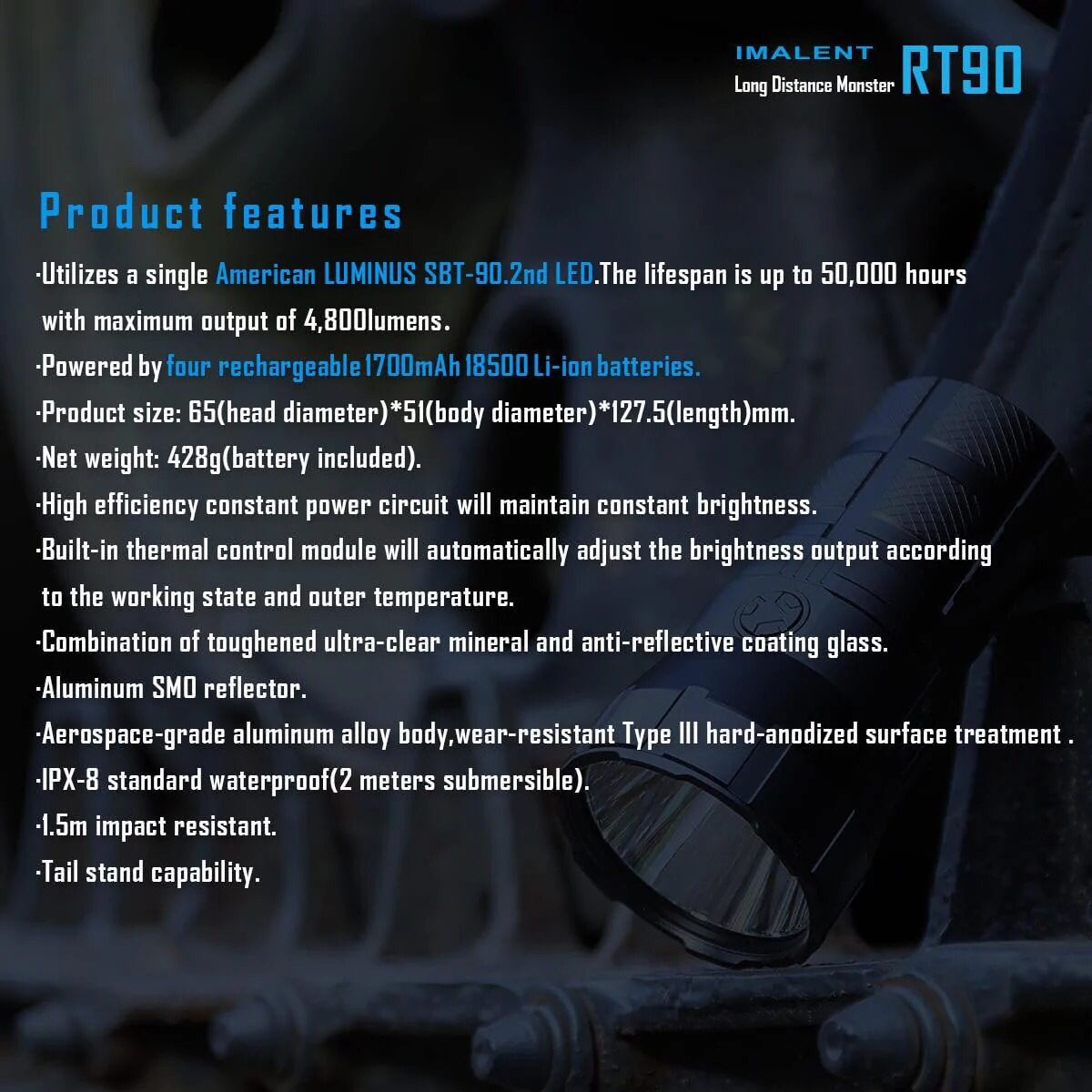 كشاف يدوي قابل لإعادة الشحن Imalent RT90 Flashlight بقوة 4800 لومن