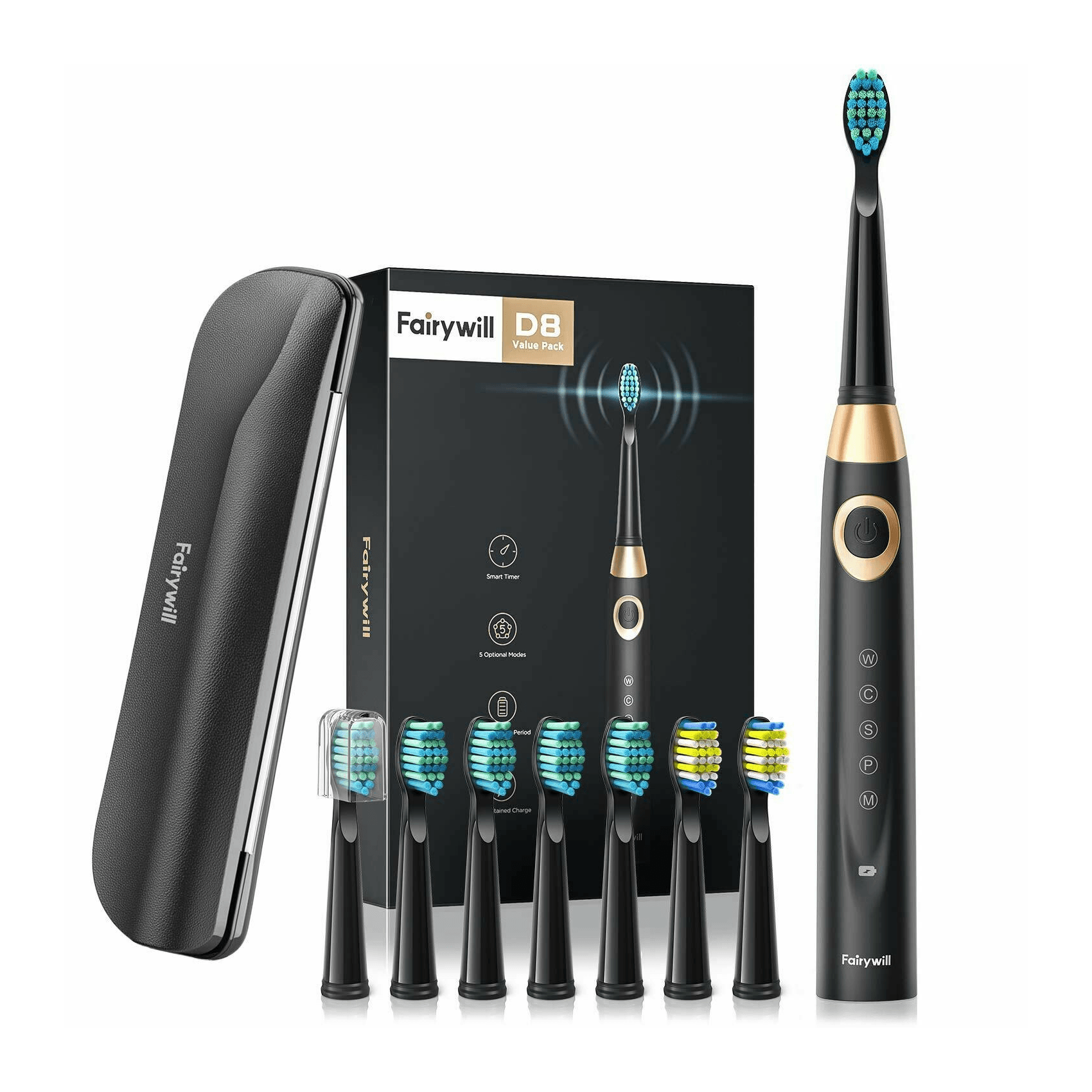 فرشاة اسنان كهربائية فيري ويل Fairywill Electric Toothbrush D8 Sonic Oral with 8 heads Case