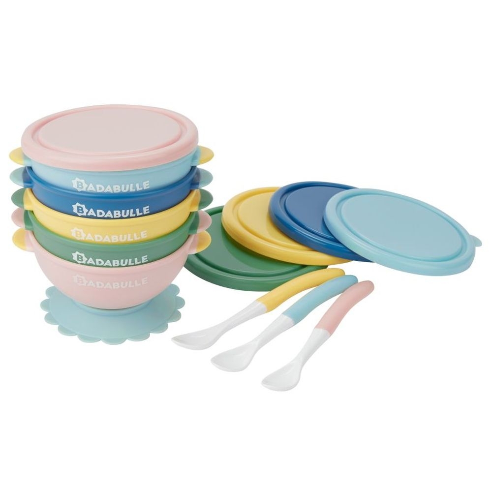 مجموعة أدوات طعام للأطفال 5 أوعية و 3 ملاعق ملونة بادابول Non-Slip Bowls 330ml & 3 Flexible Spoons - Badabulle