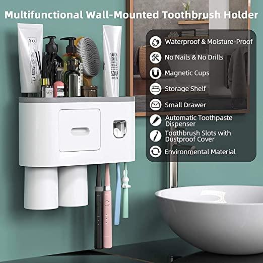 Toothbrush Holders, 4 Cups Toothbrush Holder Wall Mounted with Toothpaste Dispenser - SW1hZ2U6OTcyMTI0