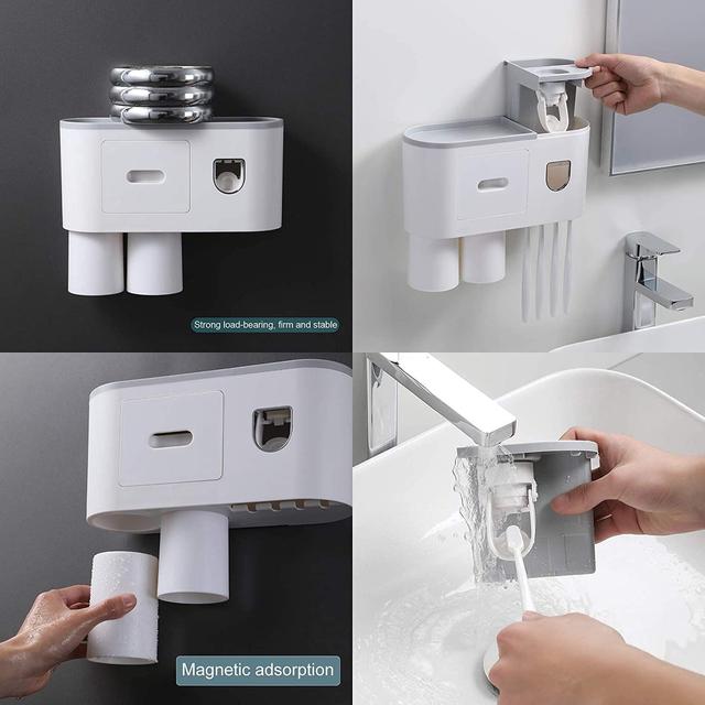 Toothbrush Holders, 4 Cups Toothbrush Holder Wall Mounted with Toothpaste Dispenser - SW1hZ2U6OTcyMTMw
